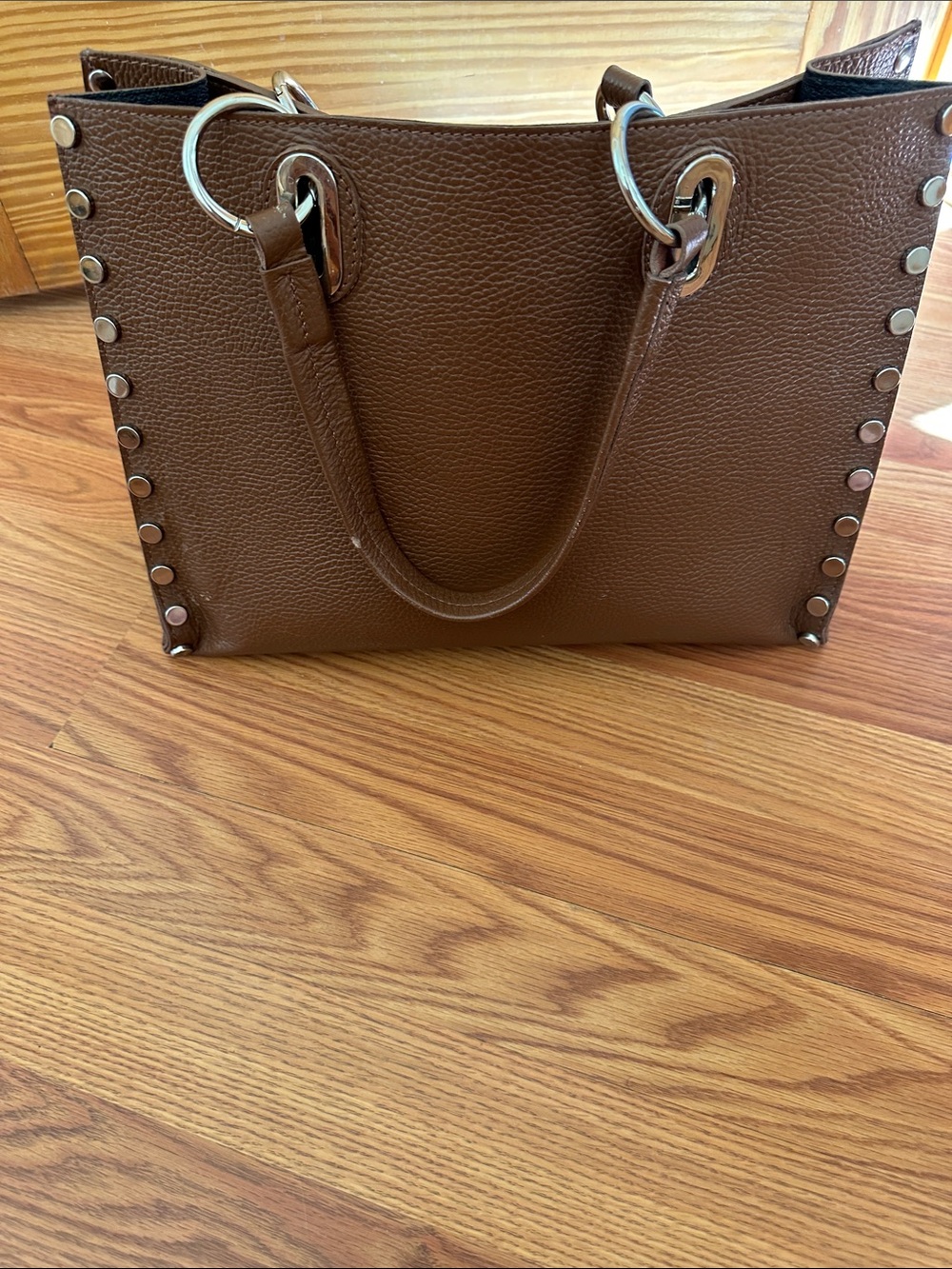 Brown Studded Tote with Silver Ring Hardware - Women's Shoulder Bag